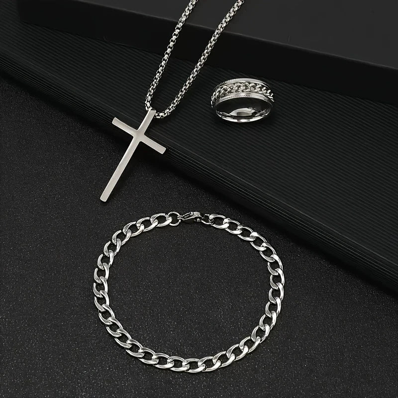 Stainless Steel Hiphop Trendy Cross Threepiece Jewelry Set - Image 2