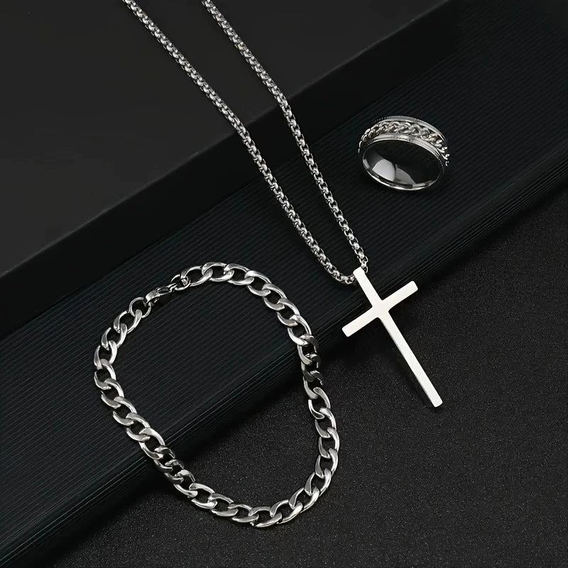 Stainless Steel Hiphop Trendy Cross Threepiece Jewelry Set - Image 3