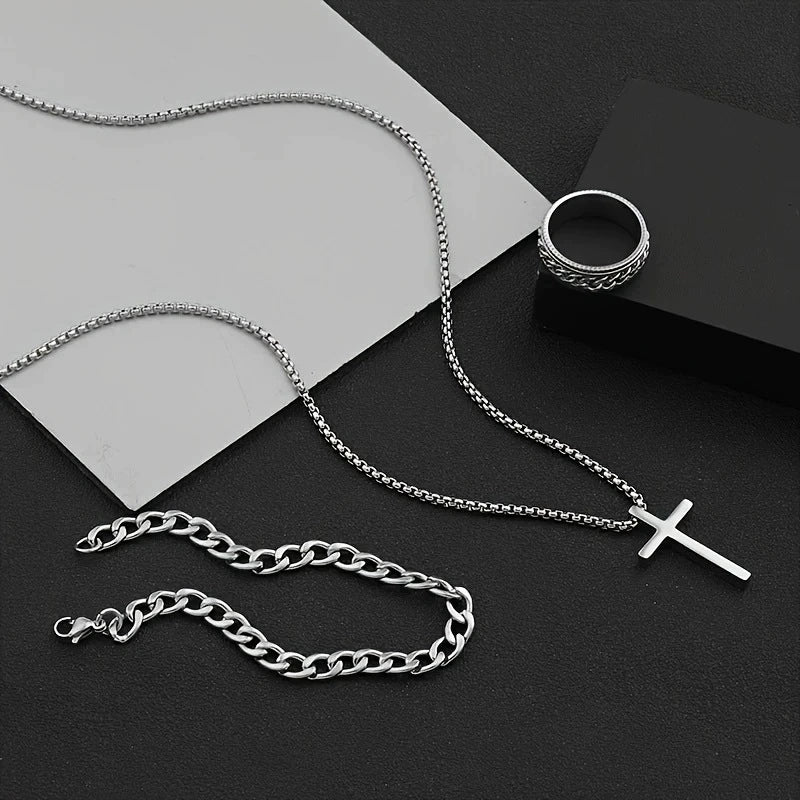Stainless Steel Hiphop Trendy Cross Threepiece Jewelry Set - Image 4