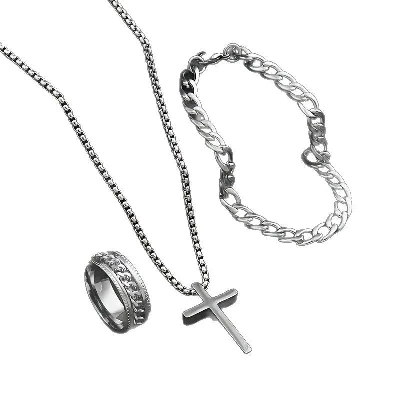 Stainless Steel Hiphop Trendy Cross Threepiece Jewelry Set - Image 5