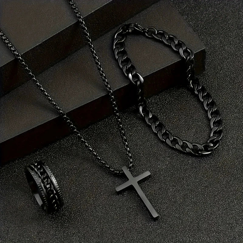 Stainless Steel Hiphop Trendy Cross Threepiece Jewelry Set - Image 6