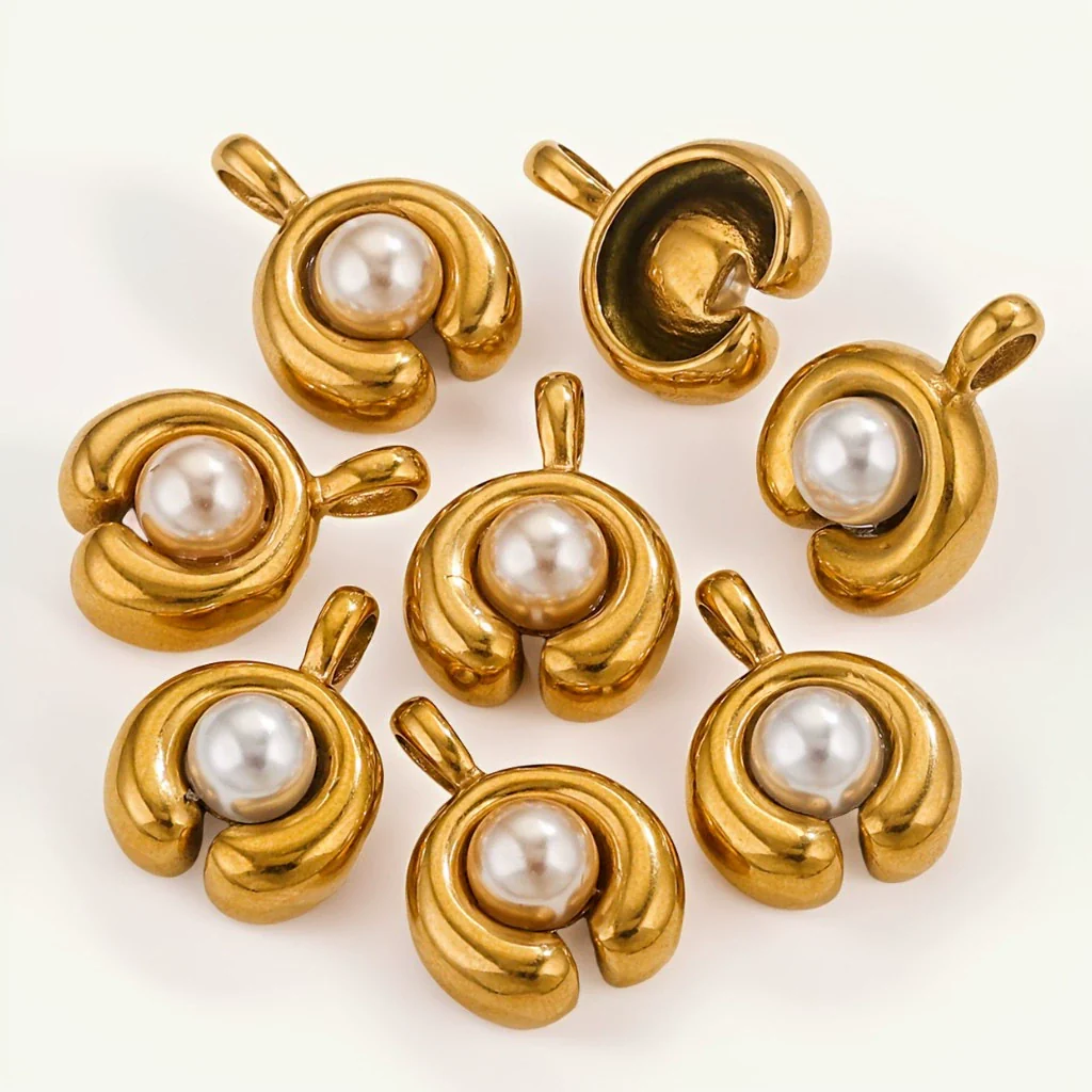 Stainless Steel Imitation Pearl C Shape Pea Shape Pendant Electroplated Diy Necklace Accessories