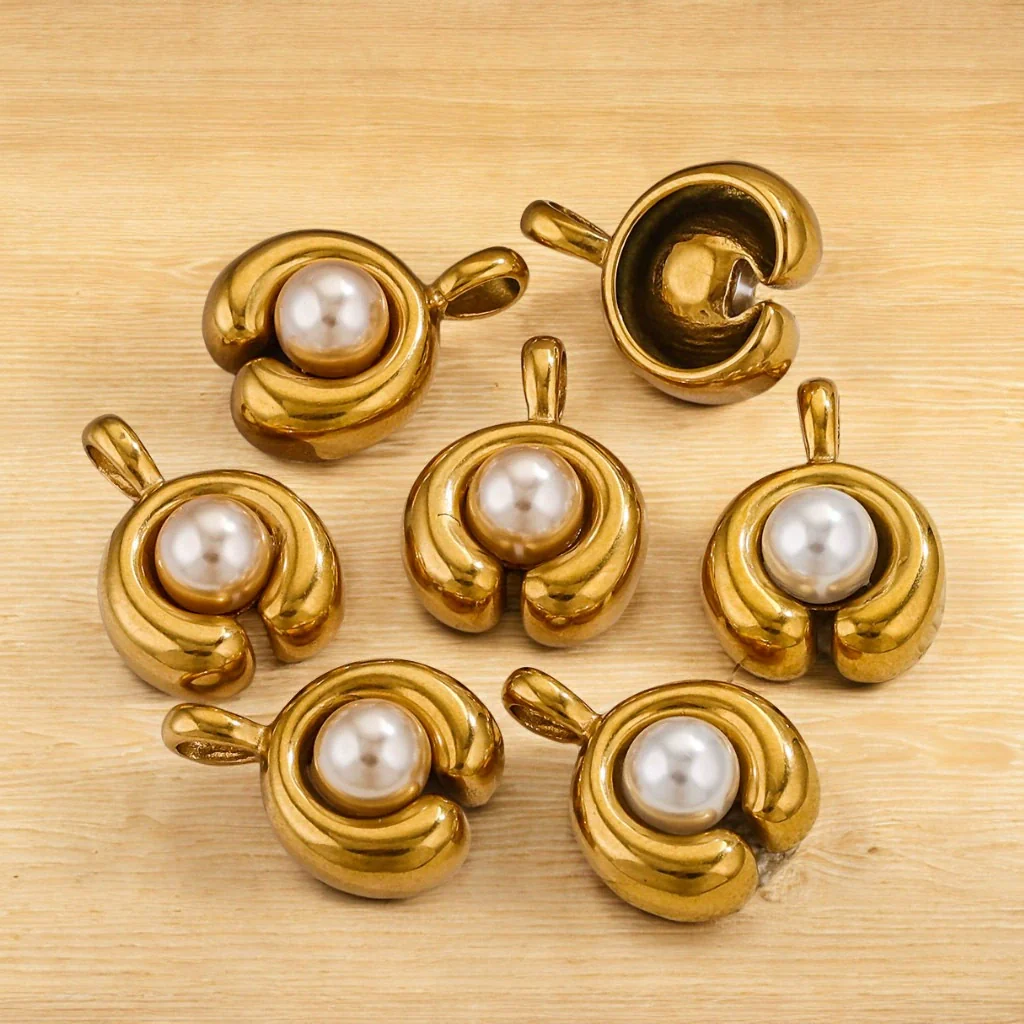 Stainless Steel Imitation Pearl C Shape Pea Shape Pendant Electroplated Diy Necklace Accessories - Image 3