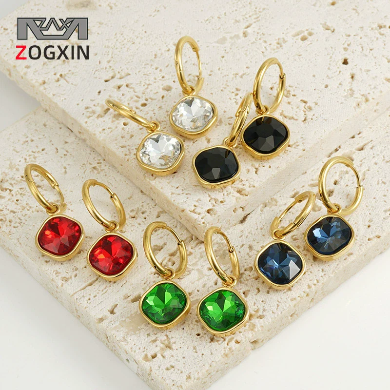 Stainless Steel Inlaid Zircon Earrings 18K Gold Plated Geometric Style