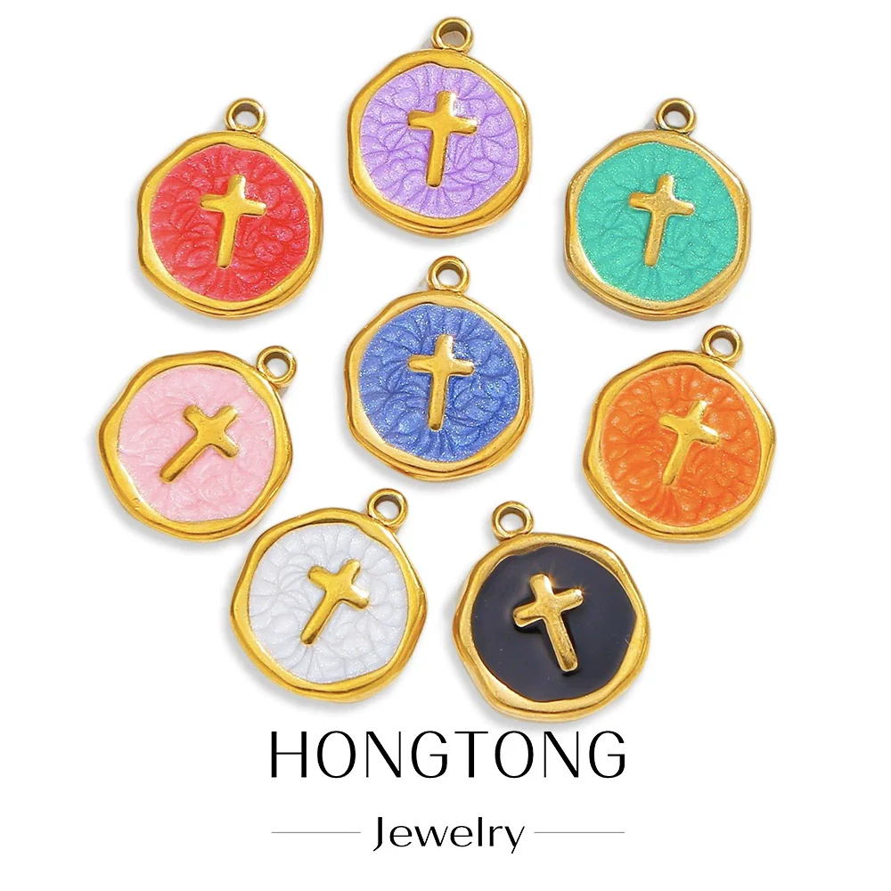 Stainless Steel Jewelry Accessories Vacuum Plated 18K Gold Cross Bracelet Necklace Earrings Pendant With Dripping Oil Design