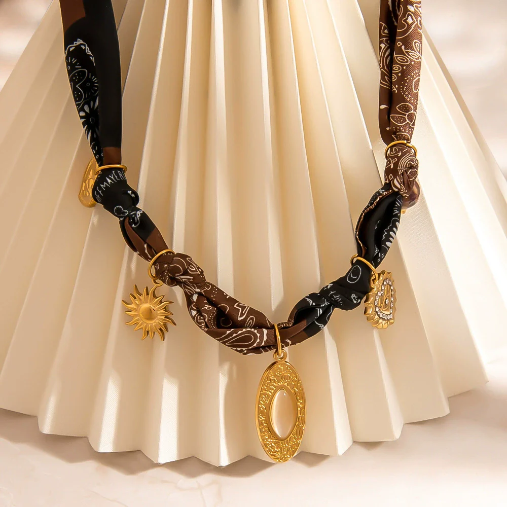 Stainless Steel Minimalist Style Electroplated Necklace And Silk Scarf Jewelry - Image 3