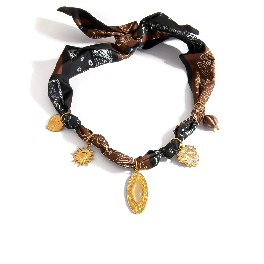 Stainless Steel Minimalist Style Electroplated Necklace And Silk Scarf Jewelry - Image 5