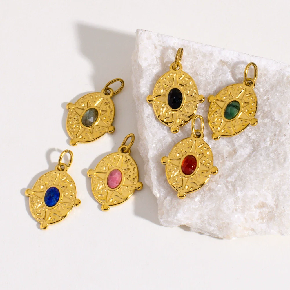 Stainless Steel Natural Stone Pendant Jewelry With Geometric Style Electroplated Pleated Oval And Star Shapes