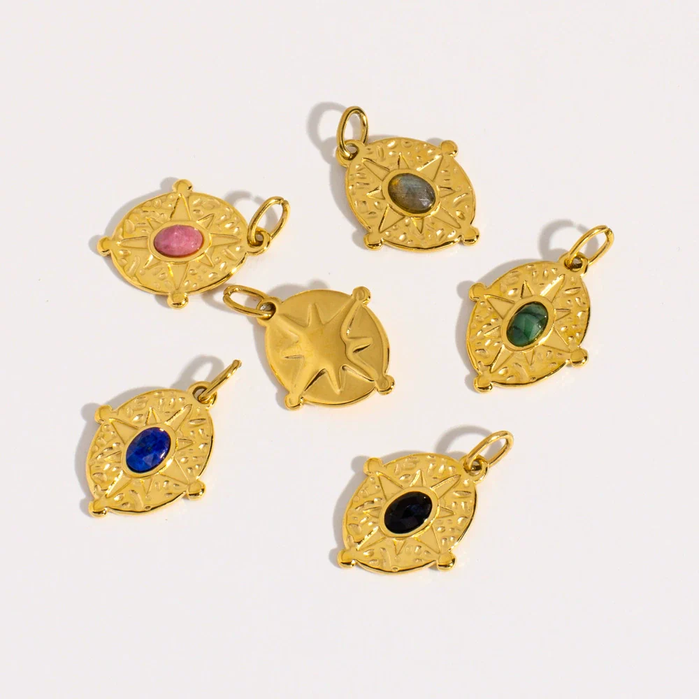 Stainless Steel Natural Stone Pendant Jewelry With Geometric Style Electroplated Pleated Oval And Star Shapes - Image 3