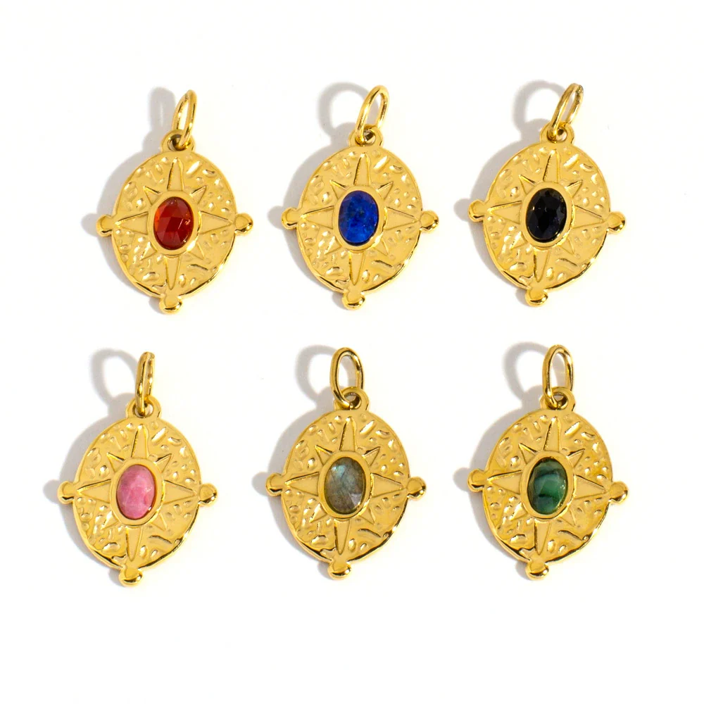 Stainless Steel Natural Stone Pendant Jewelry With Geometric Style Electroplated Pleated Oval And Star Shapes - Image 5