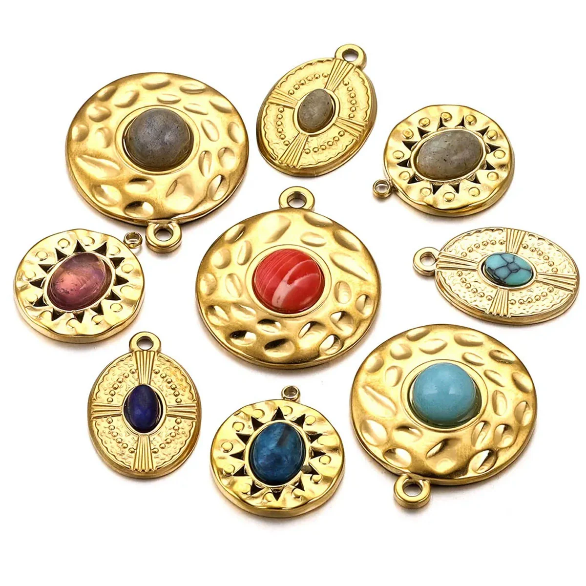 Stainless Steel Natural Stone Round Oval Vintage Embossed Pendant Jewelry Accessories For Necklace Earrings With Electroplating