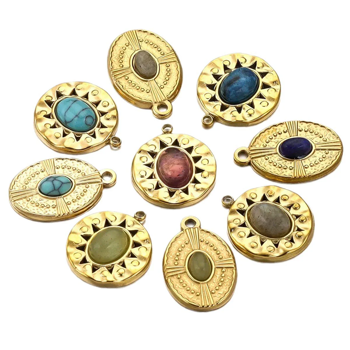 Stainless Steel Natural Stone Round Oval Vintage Embossed Pendant Jewelry Accessories For Necklace Earrings With Electroplating - Image 5