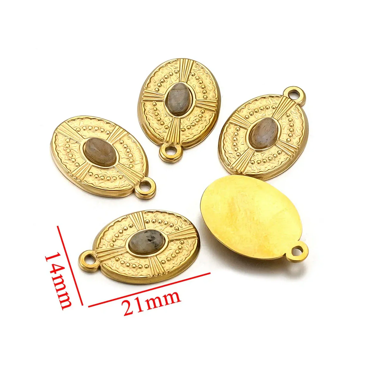 Stainless Steel Natural Stone Round Oval Vintage Embossed Pendant Jewelry Accessories For Necklace Earrings With Electroplating - Image 6
