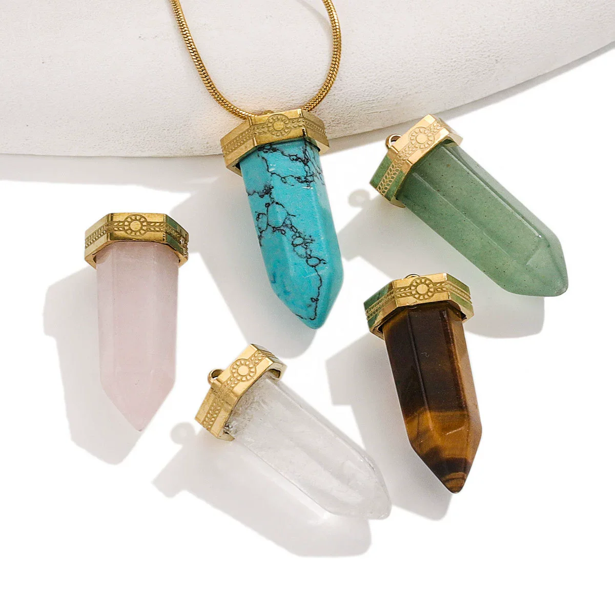 Stainless Steel Natural Stone Water Drop Jewelry Accessories Earrings Necklace With Bullet Shape Electroplated 18K - Image 2