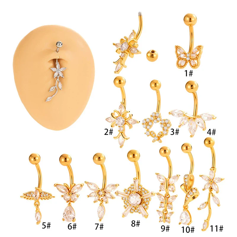 Stainless Steel Navel Button Jewelry Inlaid With Zircon Lace Cross For Women Electroplated
