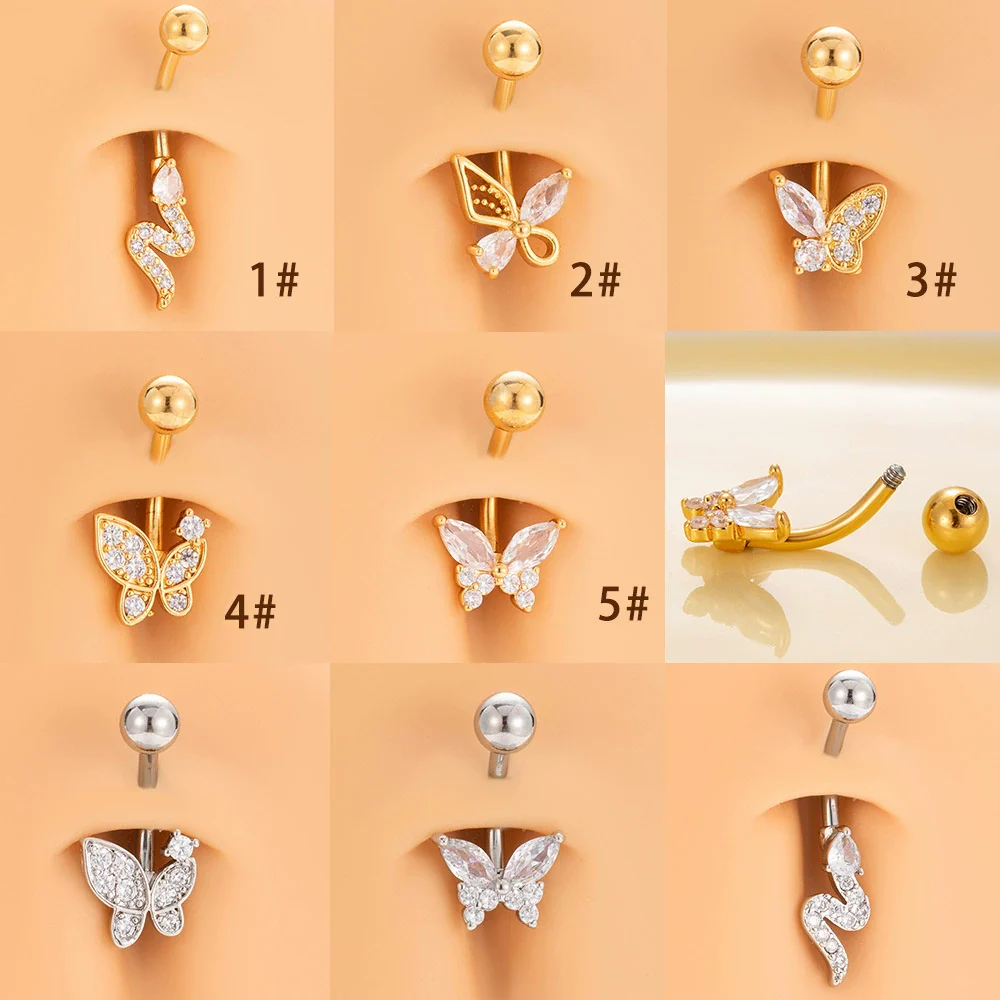Stainless Steel Navel Ring With Zircon Butterfly Snake Design Electroplated Women's Fashion Jewelry