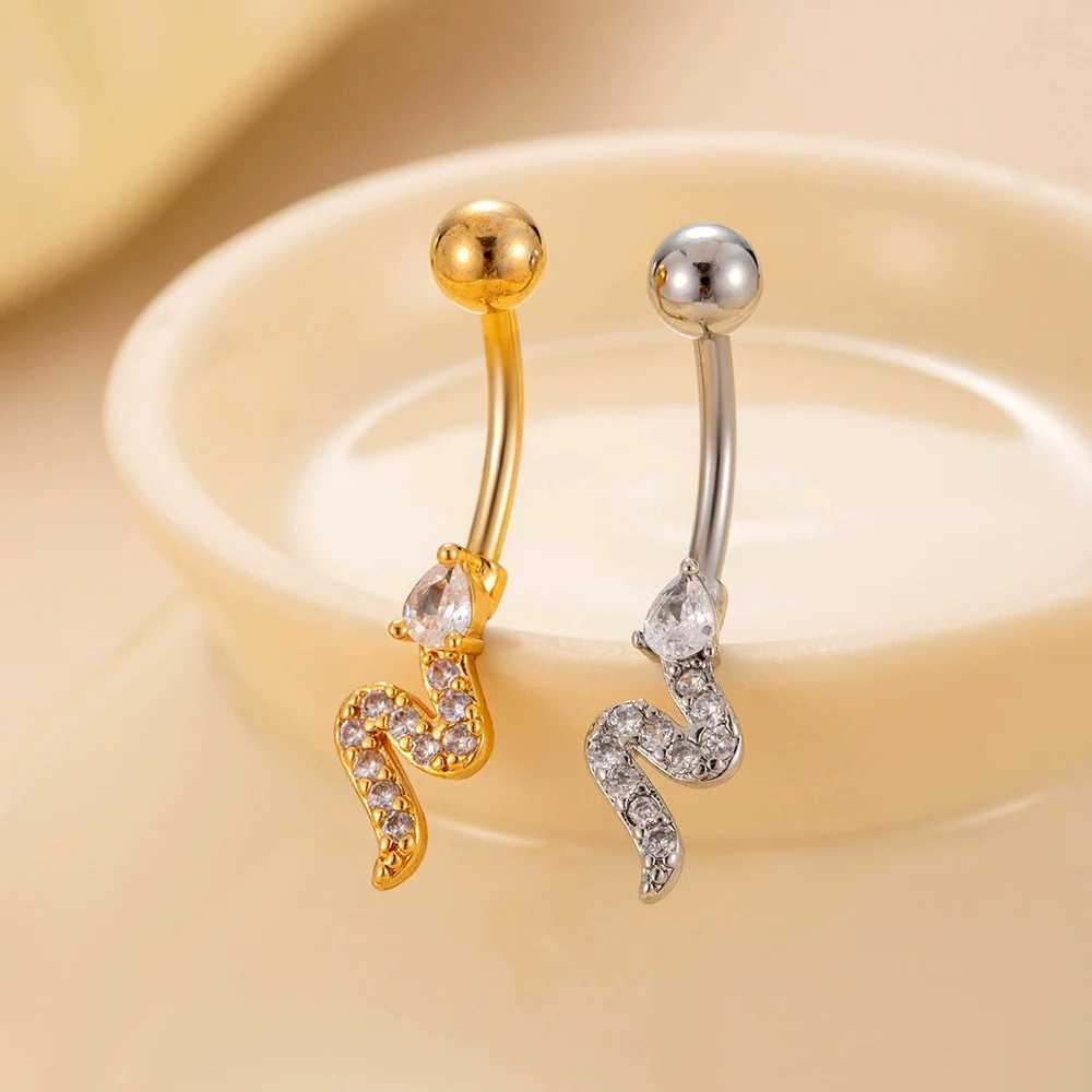 Stainless Steel Navel Ring With Zircon Butterfly Snake Design Electroplated Women's Fashion Jewelry - Image 2