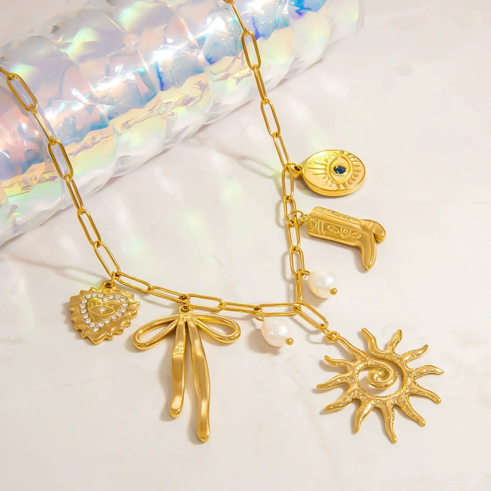 Stainless Steel Necklace With Sunflower Bow Pendant Geometric Heart Shape Electroplating For Women - Image 3