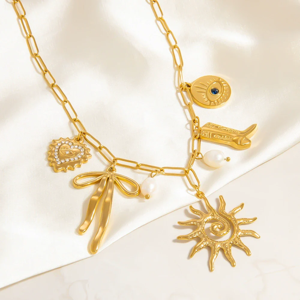 Stainless Steel Necklace With Sunflower Bow Pendant Geometric Heart Shape Electroplating For Women - Image 4