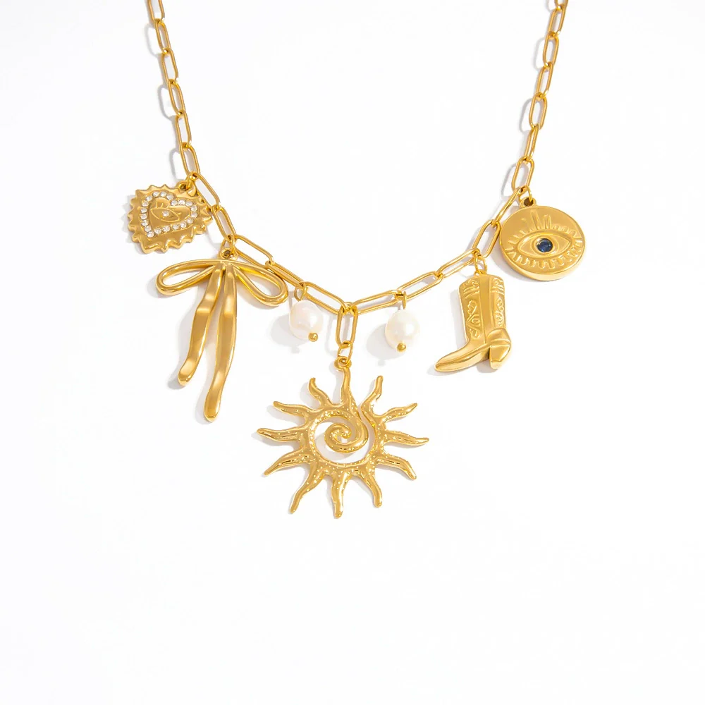 Stainless Steel Necklace With Sunflower Bow Pendant Geometric Heart Shape Electroplating For Women - Image 5