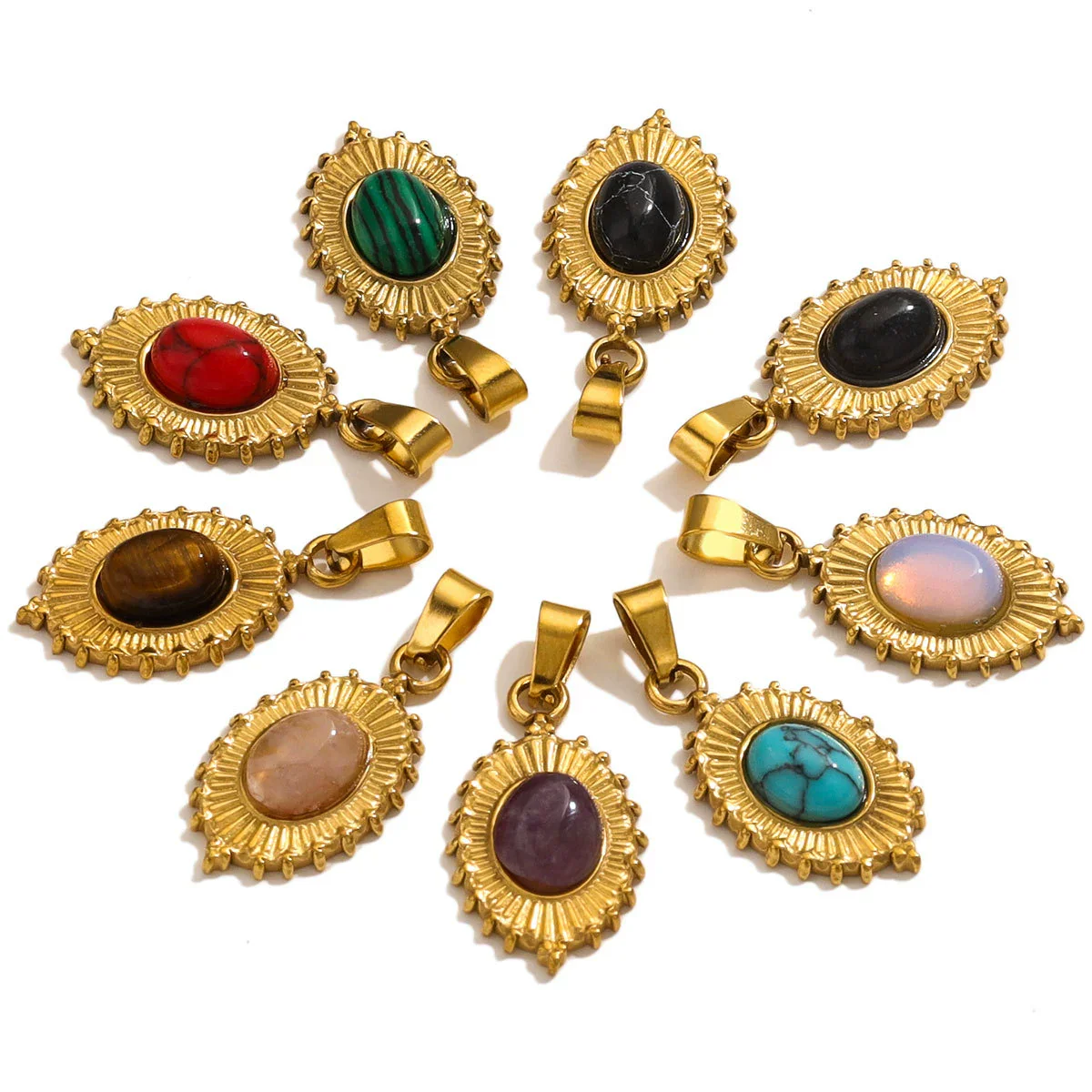 Stainless Steel Oval Bohemian Natural Stone Turquoise Pendant Totem Pattern Electroplated Diy Jewelry Accessories Necklace