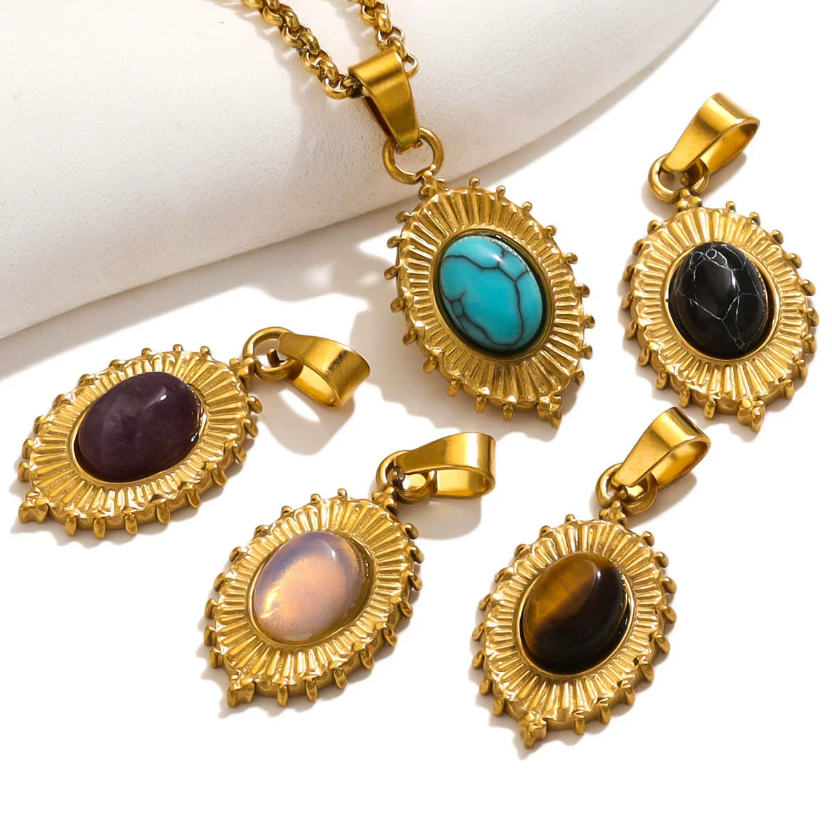 Stainless Steel Oval Bohemian Natural Stone Turquoise Pendant Totem Pattern Electroplated Diy Jewelry Accessories Necklace - Image 2