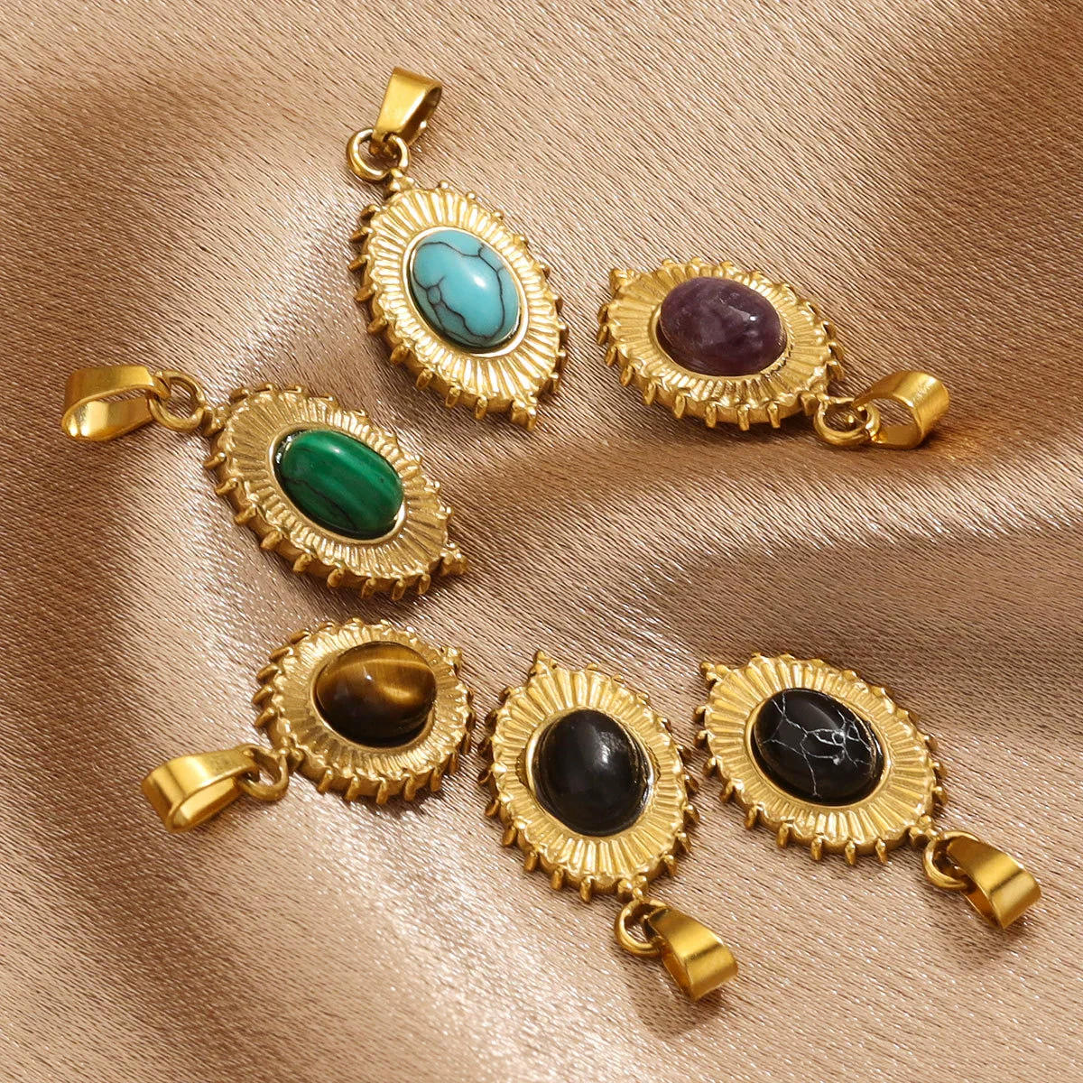 Stainless Steel Oval Bohemian Natural Stone Turquoise Pendant Totem Pattern Electroplated Diy Jewelry Accessories Necklace - Image 4