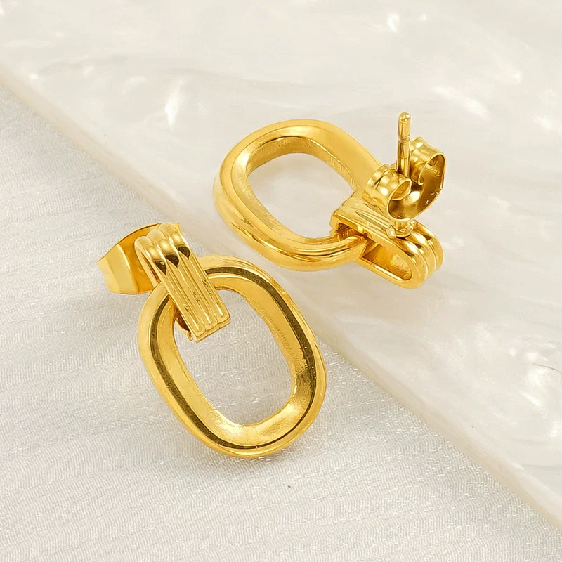 316L Stainless Steel Oval Geometric Electroplated Earrings Unisex - Image 2