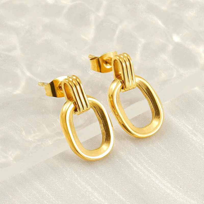 316L Stainless Steel Oval Geometric Electroplated Earrings Unisex - Image 4