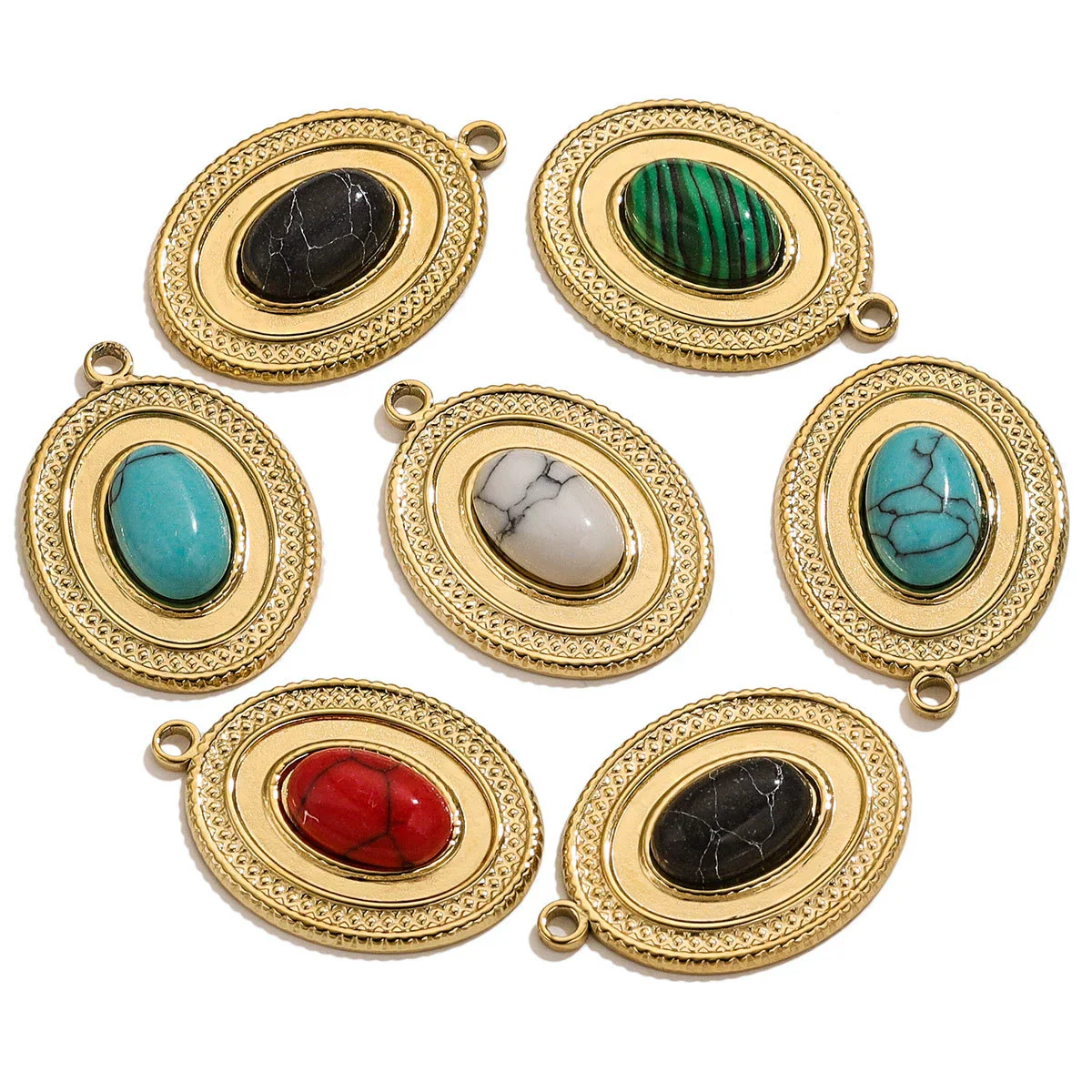 Stainless Steel Oval Natural Stone Pendant With Totem Pattern Inlay Bohemian Style Luxury Accessory - Image 2