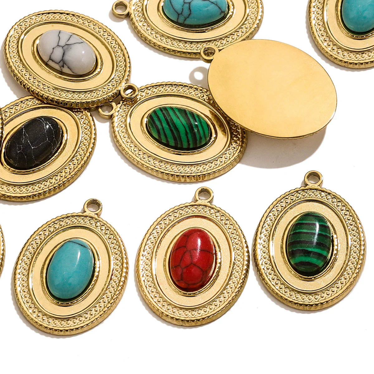 Stainless Steel Oval Natural Stone Pendant With Totem Pattern Inlay Bohemian Style Luxury Accessory - Image 4