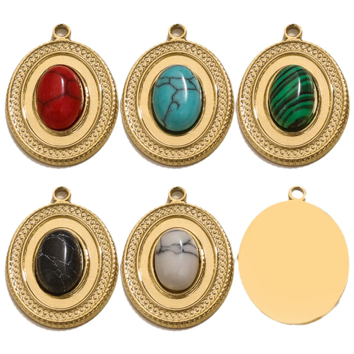 Stainless Steel Oval Natural Stone Pendant With Totem Pattern Inlay Bohemian Style Luxury Accessory - Image 5