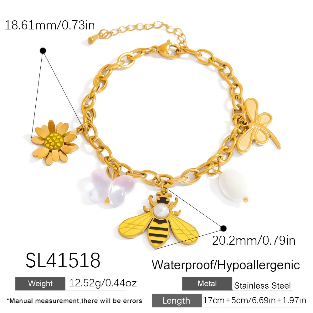 Stainless Steel Pearl Doublelayer Fruit Bee Pendant Bracelet Electroplated Jewelry For Women - Image 7