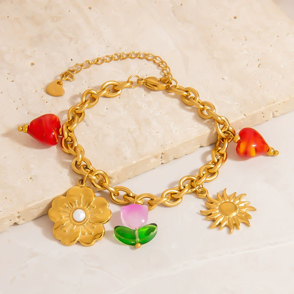 Stainless Steel Pearl Women's Bracelet With Oildrip Flower Pendant Fruit Pattern Electroplating Jewelry - Image 3