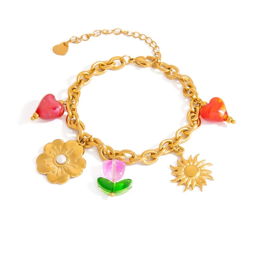 Stainless Steel Pearl Women's Bracelet With Oildrip Flower Pendant Fruit Pattern Electroplating Jewelry - Image 5