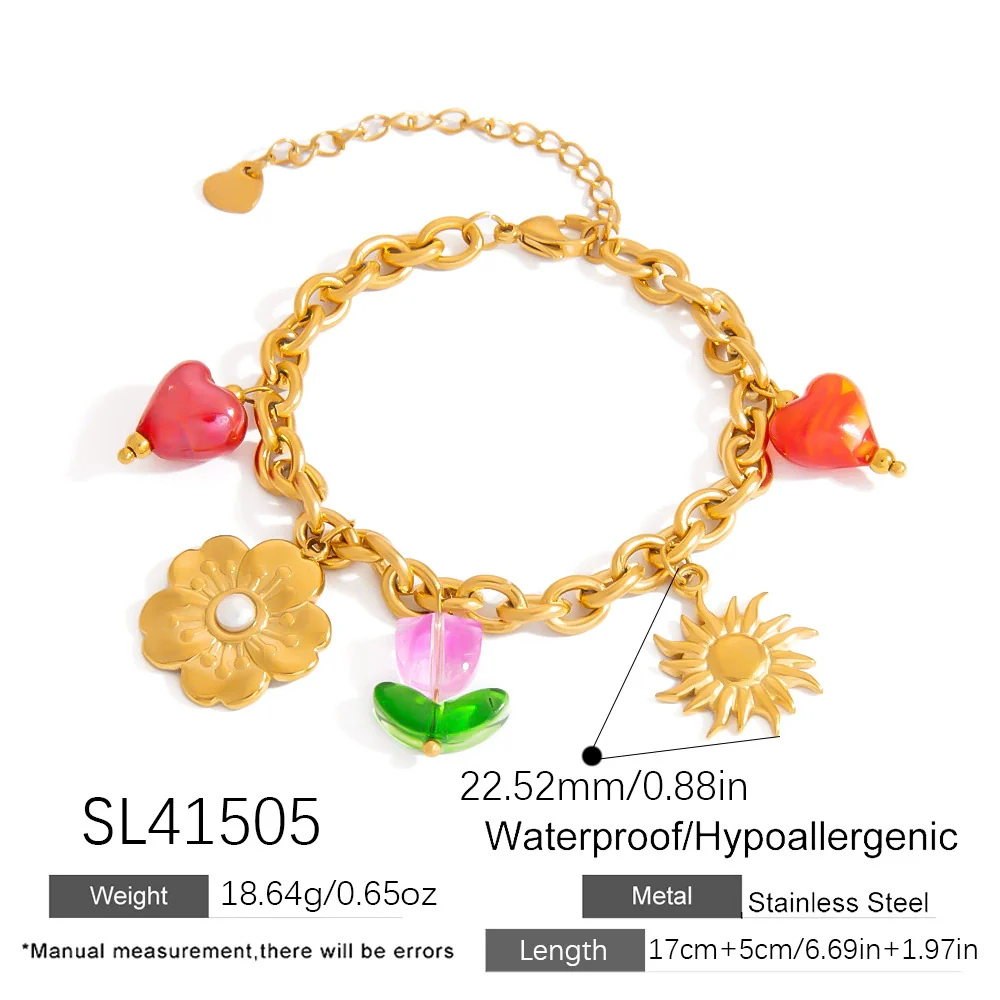 Stainless Steel Pearl Women's Bracelet With Oildrip Flower Pendant Fruit Pattern Electroplating Jewelry - Image 6