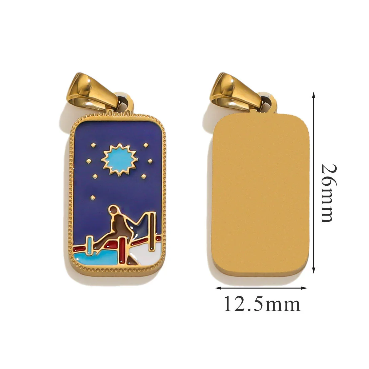 Stainless Steel Rectangular Tarot Star Pendant With Fish Pattern Enamel Palm Moon Tag Electroplated Cartoon Style Diy Necklace - Image 12