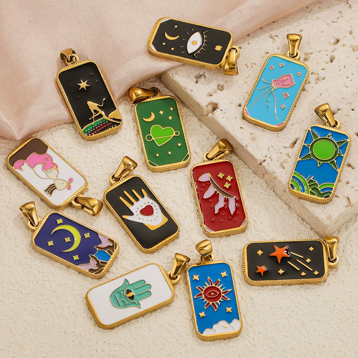 Stainless Steel Rectangular Tarot Star Pendant With Fish Pattern Enamel Palm Moon Tag Electroplated Cartoon Style Diy Necklace - Image 3