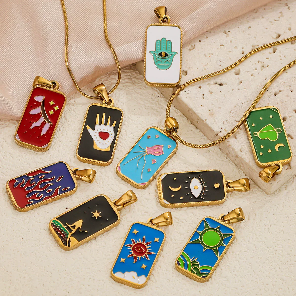 Stainless Steel Rectangular Tarot Star Pendant With Fish Pattern Enamel Palm Moon Tag Electroplated Cartoon Style Diy Necklace - Image 4