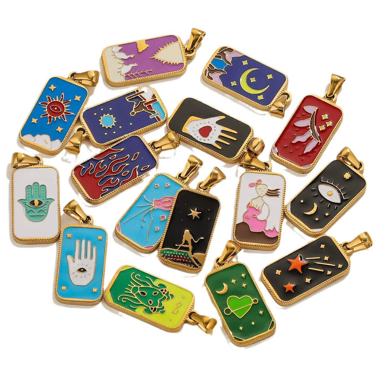 Stainless Steel Rectangular Tarot Star Pendant With Fish Pattern Enamel Palm Moon Tag Electroplated Cartoon Style Diy Necklace - Image 5