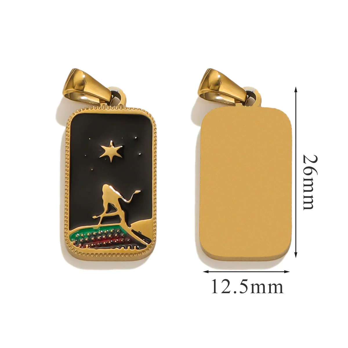 Stainless Steel Rectangular Tarot Star Pendant With Fish Pattern Enamel Palm Moon Tag Electroplated Cartoon Style Diy Necklace - Image 9