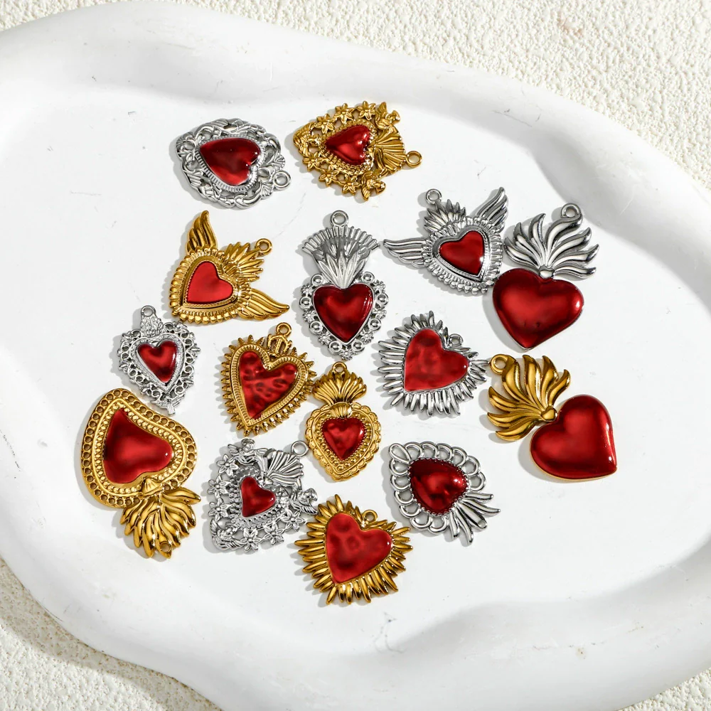 Stainless Steel Retro Style Heart Pendant Oil Dripping Electroplating Craft Bracelet Necklace Diy Accessories - Image 3