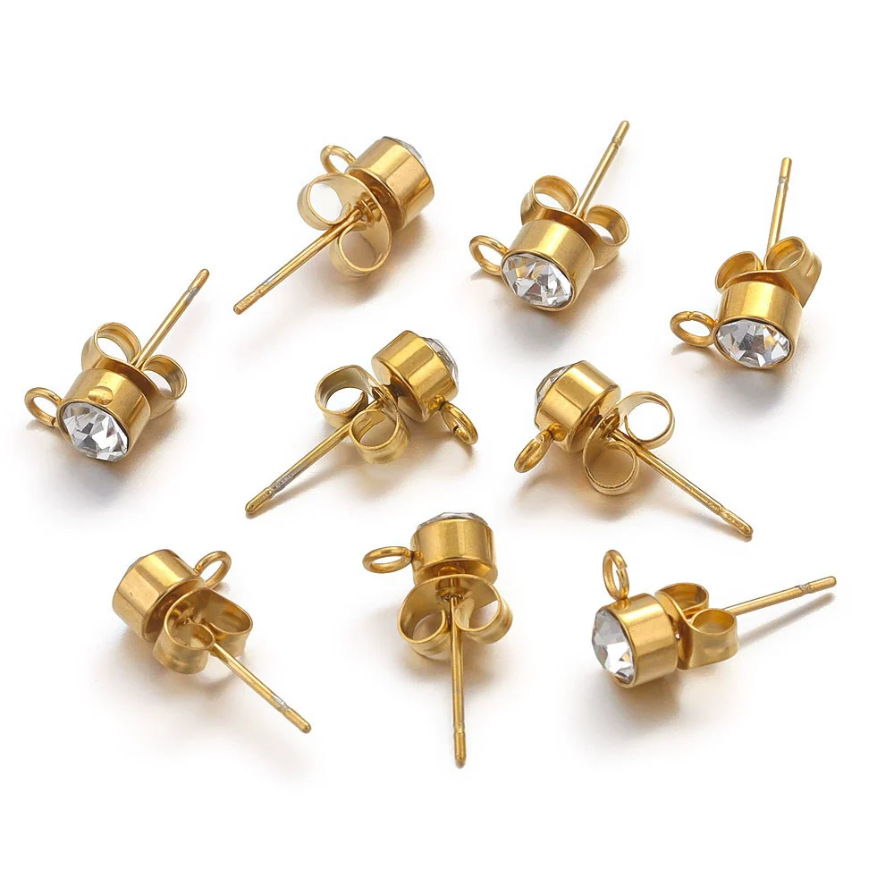 Stainless Steel Rhinestone Hoop Round Bead Earrings Goldplated Electroplated Diy Earring Accessories