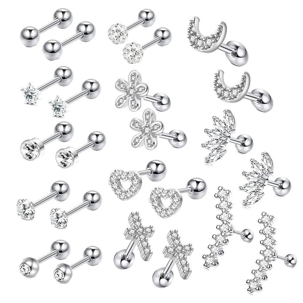Stainless Steel Rhombus Threaded Piercing Ear Bone Nail Cartilage Earrings Set