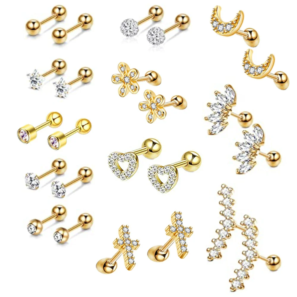Stainless Steel Rhombus Threaded Piercing Ear Bone Nail Cartilage Earrings Set - Image 2