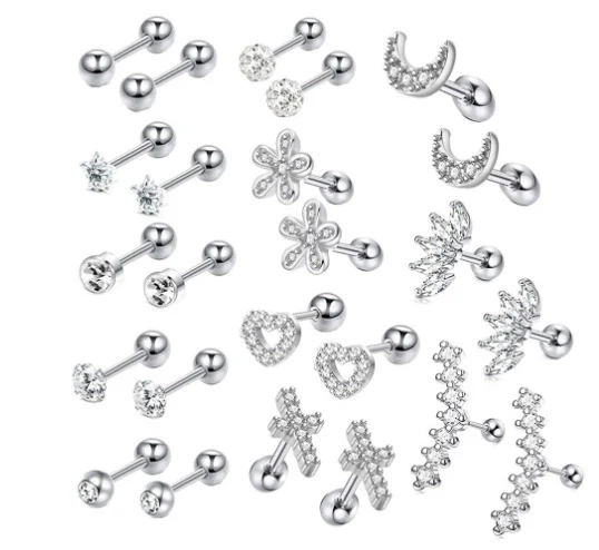 Stainless Steel Rhombus Threaded Piercing Ear Bone Nail Cartilage Earrings Set - Image 6