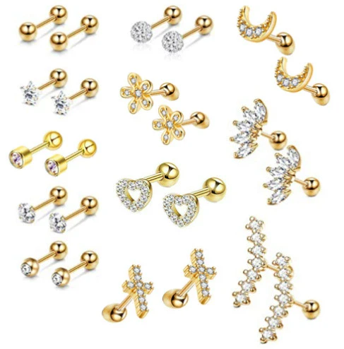 Stainless Steel Rhombus Threaded Piercing Ear Bone Nail Cartilage Earrings Set - Image 7
