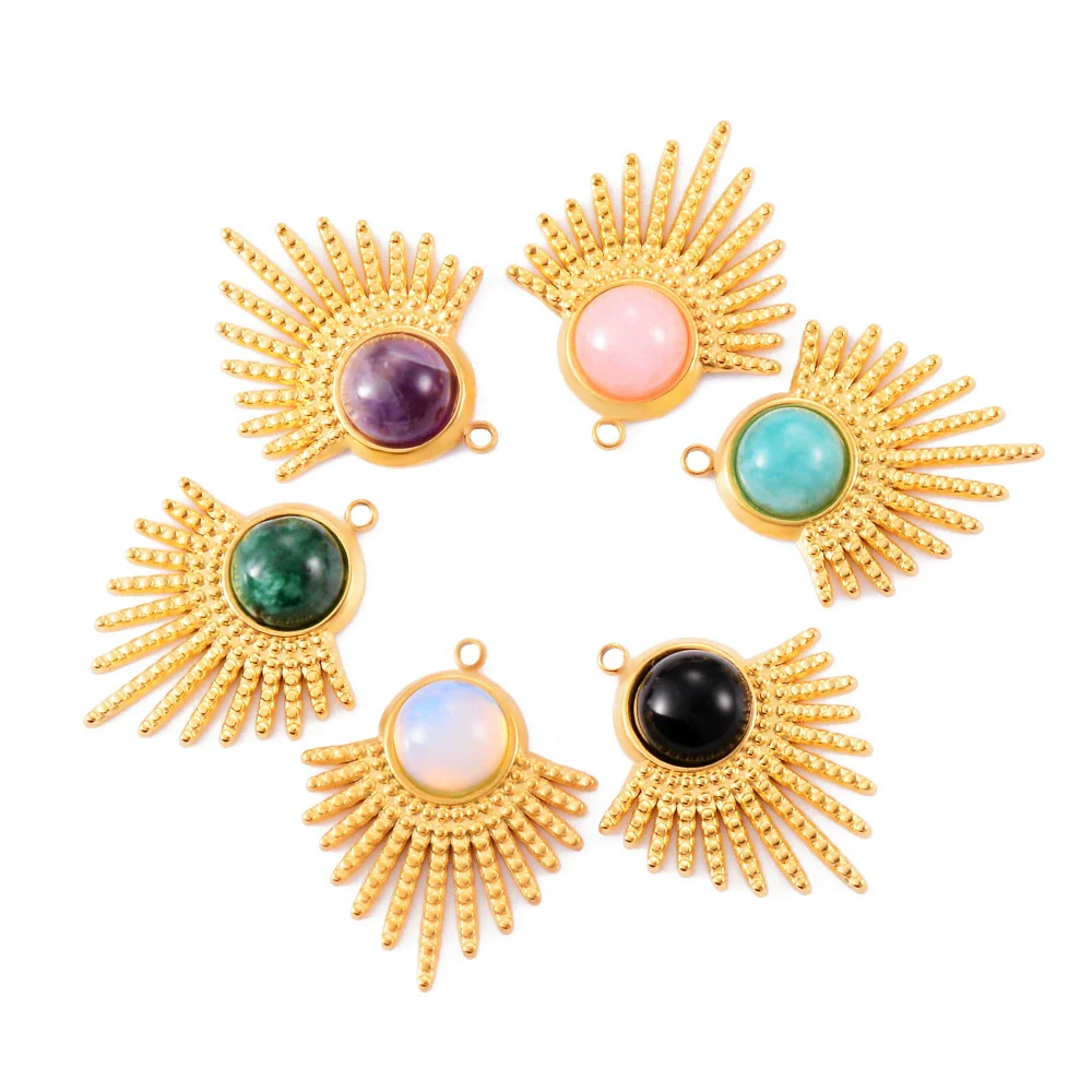 Stainless Steel Sector Pendant Accessories Inlaid Natural Stone Electroplated Radiant Sun Earrings Necklace Diy - Image 5