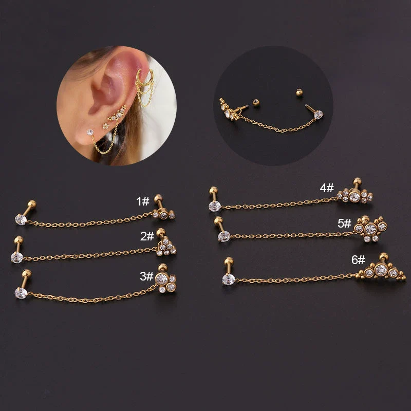 Stainless Steel Split Double Ear Hole Screw Ball Earring With Chain Simple Style