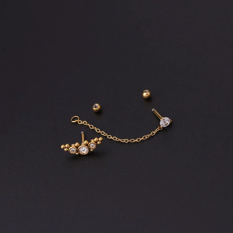 Stainless Steel Split Double Ear Hole Screw Ball Earring With Chain Simple Style - Image 4
